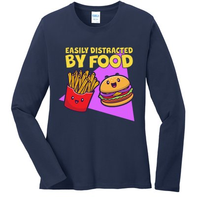 Funny Easily DIstracted By Food Cute Burger and Fries Ladies Long Sleeve Shirt