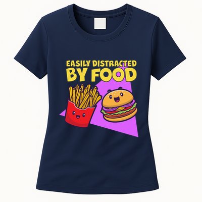 Funny Easily DIstracted By Food Cute Burger and Fries Womens T-Shirt