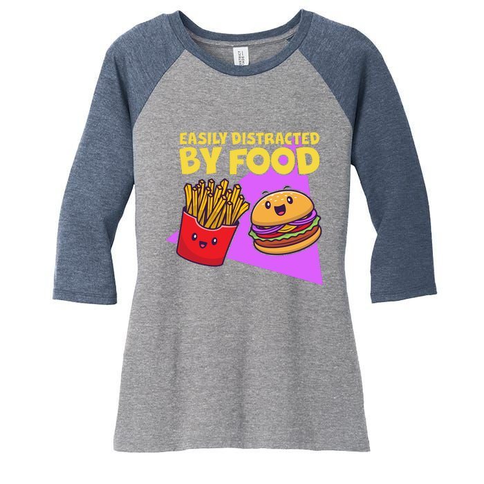 Funny Easily DIstracted By Food Cute Burger and Fries Women's Tri-Blend 3/4-Sleeve Raglan Shirt