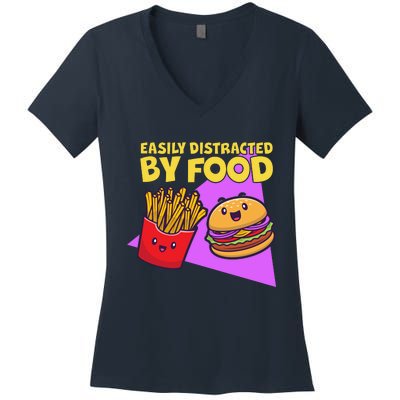 Funny Easily DIstracted By Food Cute Burger and Fries Women's V-Neck T-Shirt