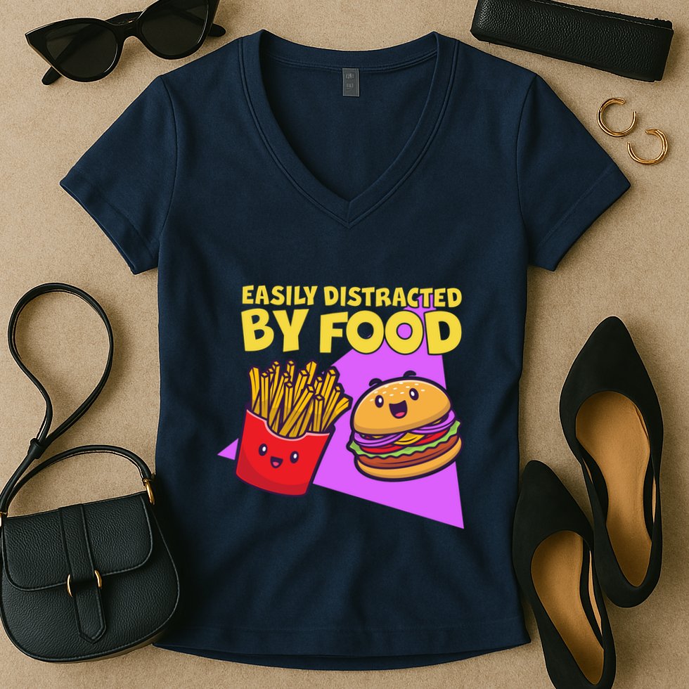 Funny Easily DIstracted By Food Cute Burger and Fries Women's V-Neck T-Shirt