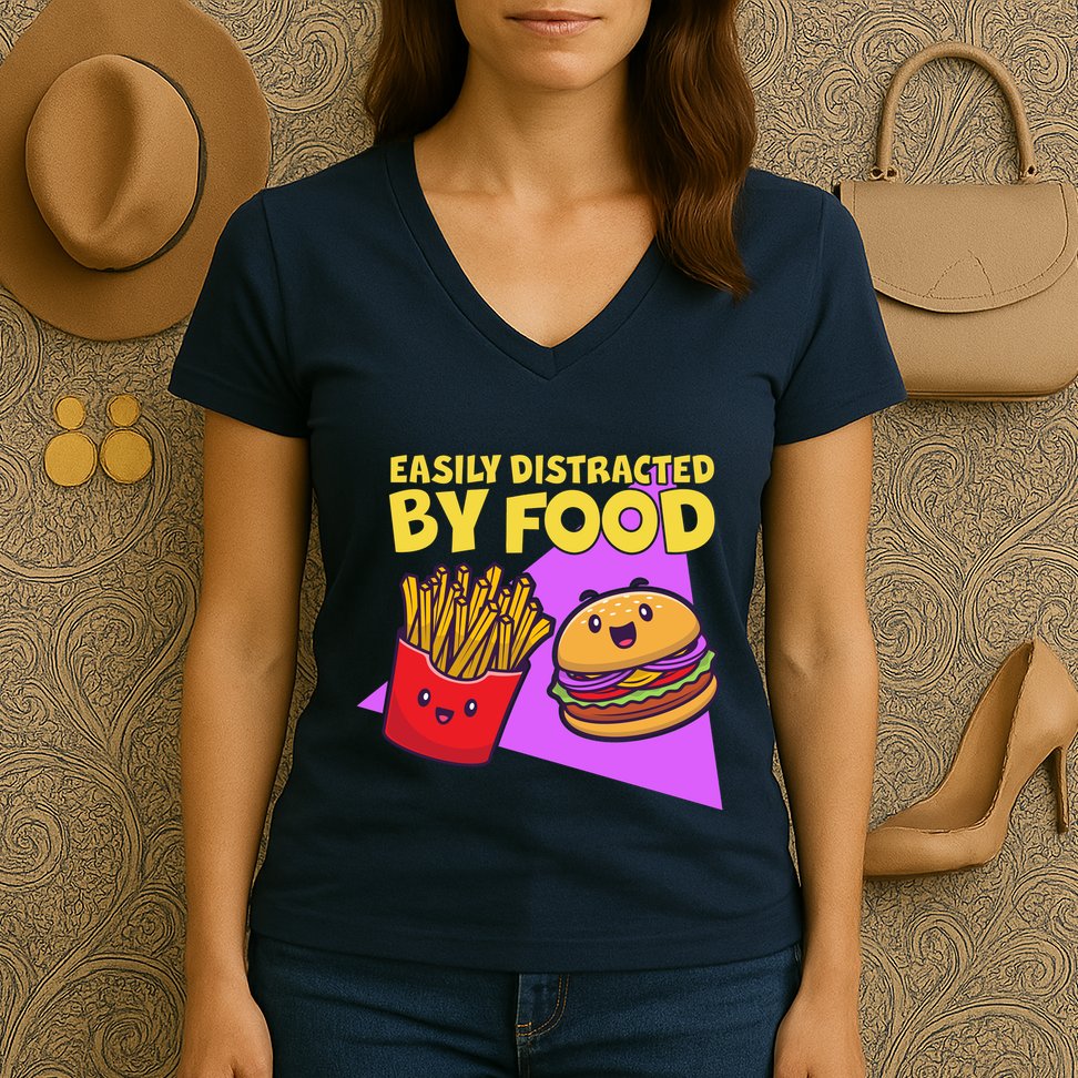 Funny Easily DIstracted By Food Cute Burger and Fries Women's V-Neck T-Shirt