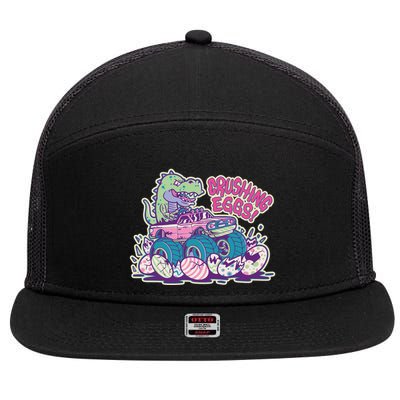 Funny Easter Dinosaur Monster Truck Crushing Eggs 7 Panel Mesh Trucker Snapback Hat