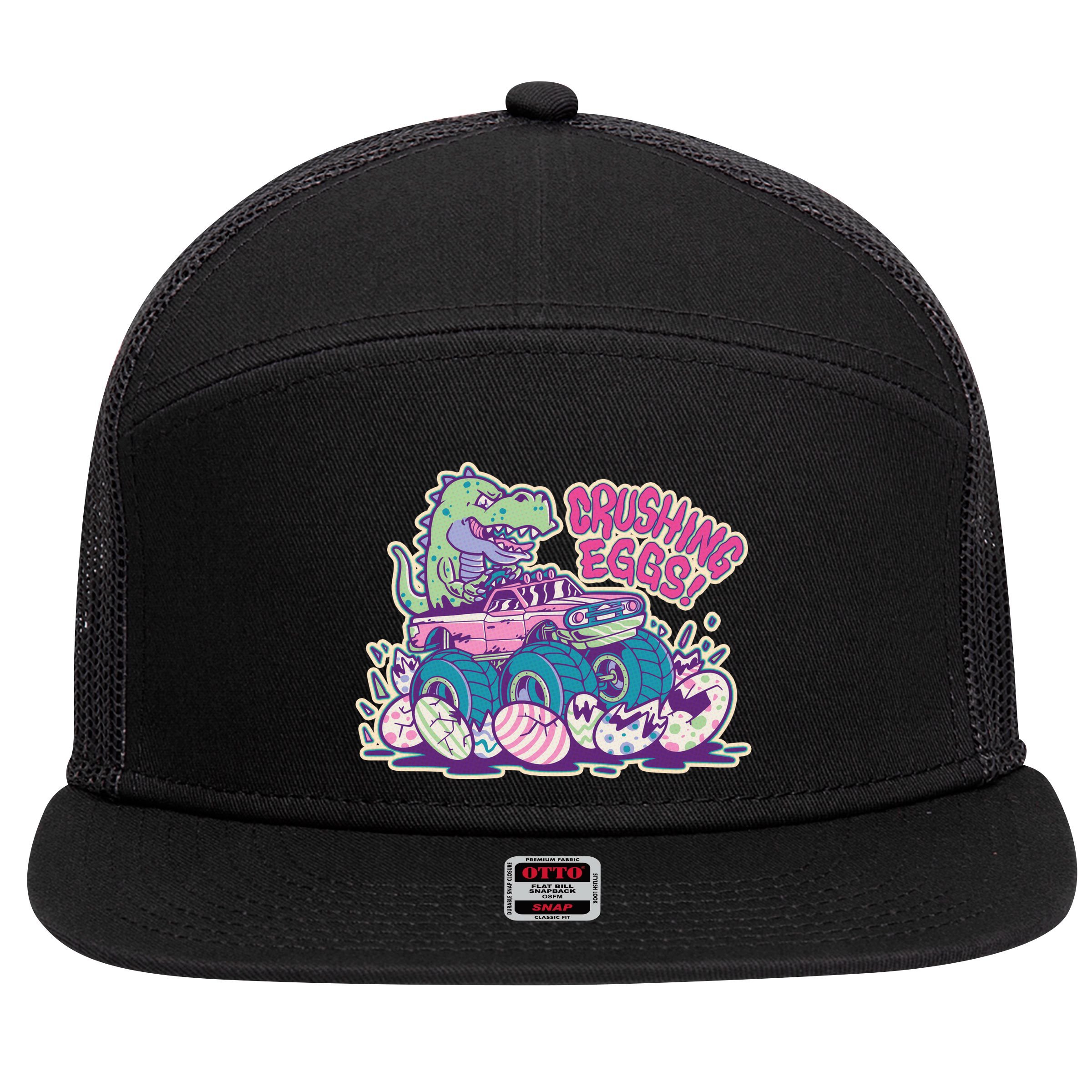 Funny Easter Dinosaur Monster Truck Crushing Eggs 7 Panel Mesh Trucker Snapback Hat