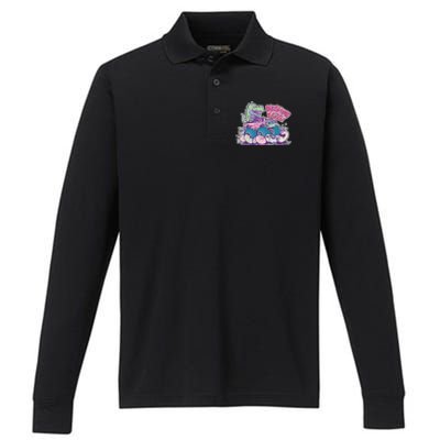 Funny Easter Dinosaur Monster Truck Crushing Eggs Performance Long Sleeve Polo