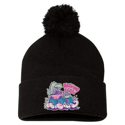 Funny Easter Dinosaur Monster Truck Crushing Eggs Pom Pom 12in Knit Beanie