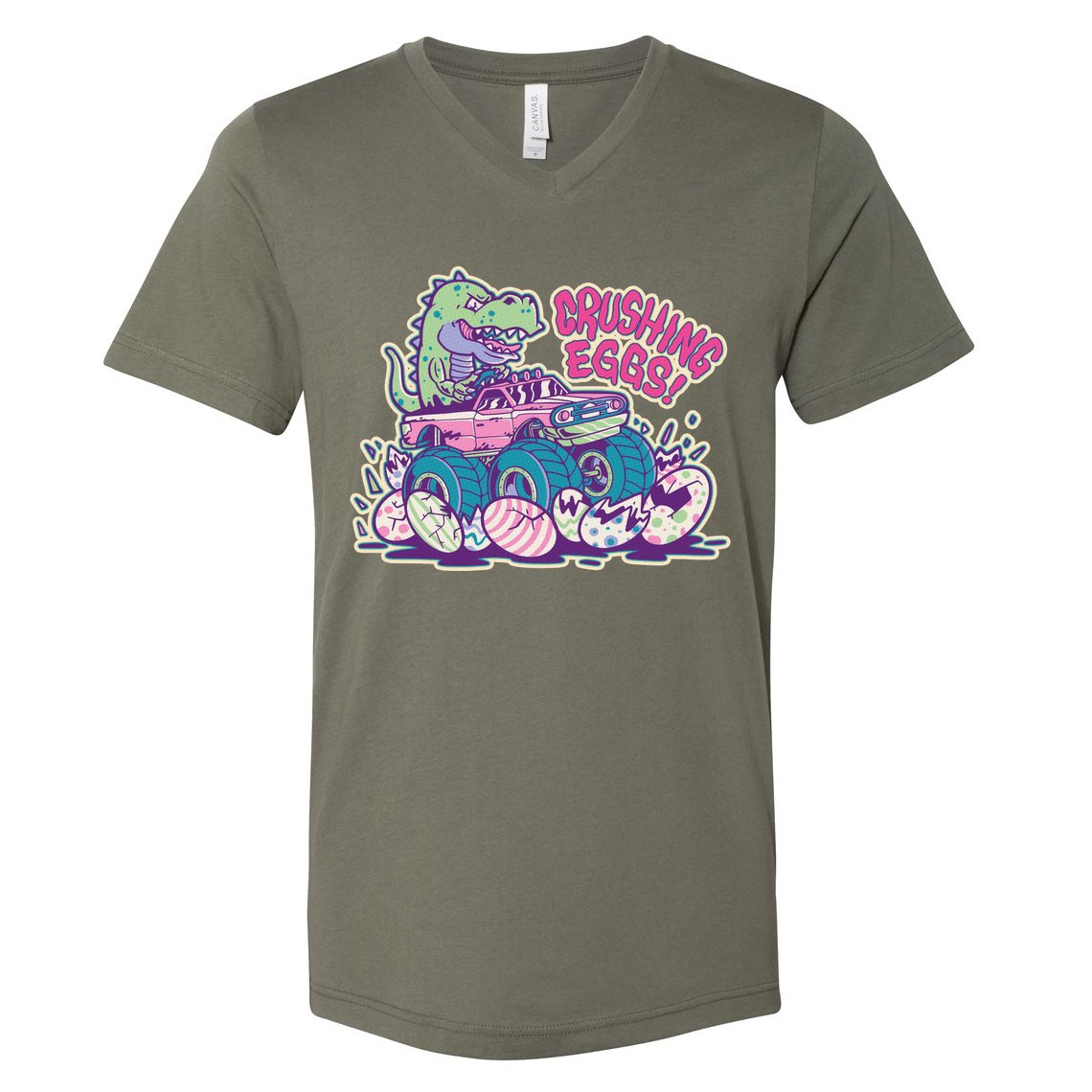 Funny Easter Dinosaur Monster Truck Crushing Eggs V-Neck T-Shirt
