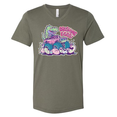 Funny Easter Dinosaur Monster Truck Crushing Eggs V-Neck T-Shirt