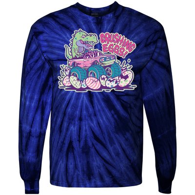 Funny Easter Dinosaur Monster Truck Crushing Eggs Tie-Dye Long Sleeve Shirt