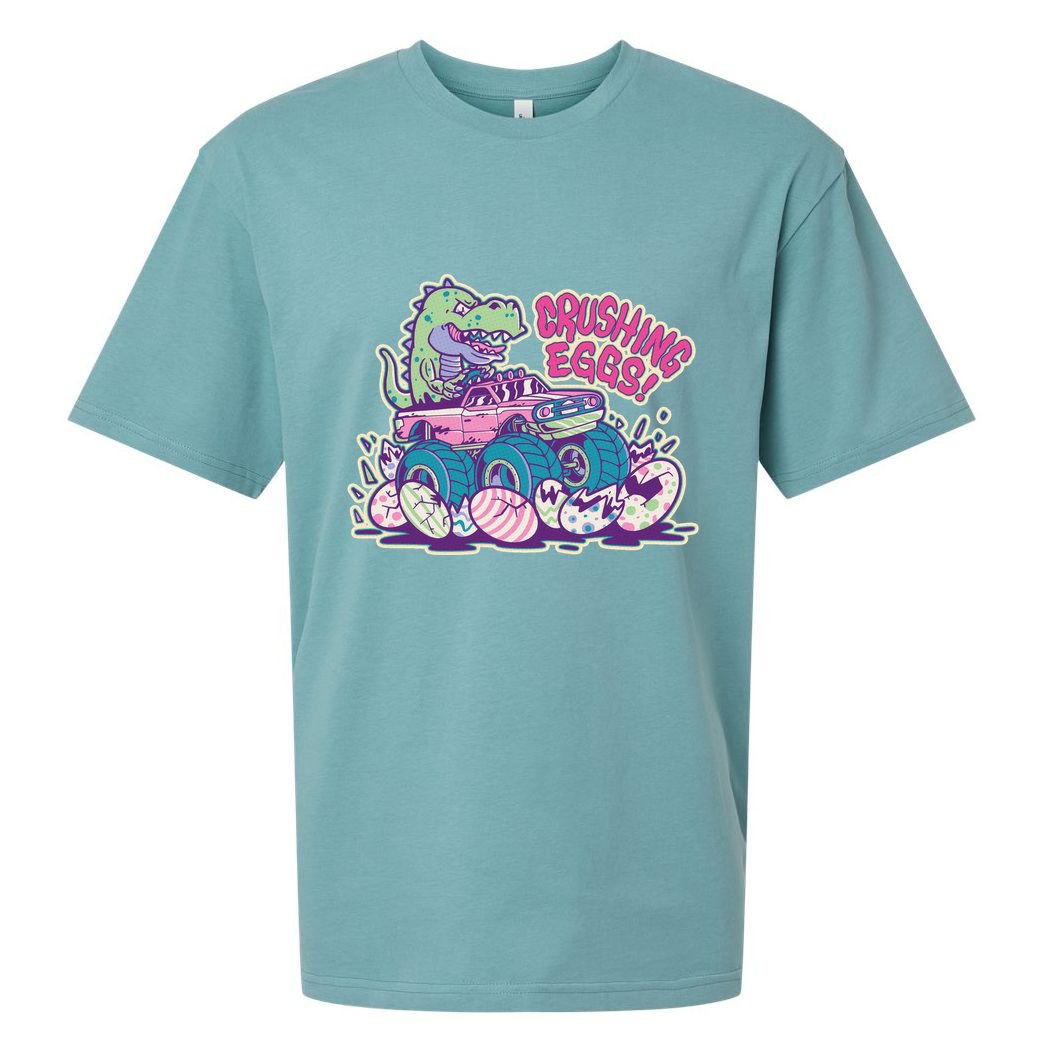 Funny Easter Dinosaur Monster Truck Crushing Eggs Sueded Cloud Jersey T-Shirt