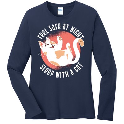 Feel Safe At Night Sleep With A Cat Ladies Long Sleeve Shirt