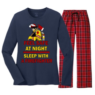 Feel Safe At Night Sleep With A Firefighter Women's Long Sleeve Flannel Pajama Set 