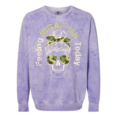 Feeling IDGAF-ish Today Army Print Hair Bun Skull Colorblast Crewneck Sweatshirt