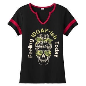 Feeling IDGAF-ish Today Army Print Hair Bun Skull Ladies Halftime Notch Neck Tee