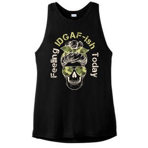 Feeling IDGAF-ish Today Army Print Hair Bun Skull Ladies PosiCharge Tri-Blend Wicking Tank