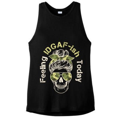 Feeling IDGAF-ish Today Army Print Hair Bun Skull Ladies PosiCharge Tri-Blend Wicking Tank