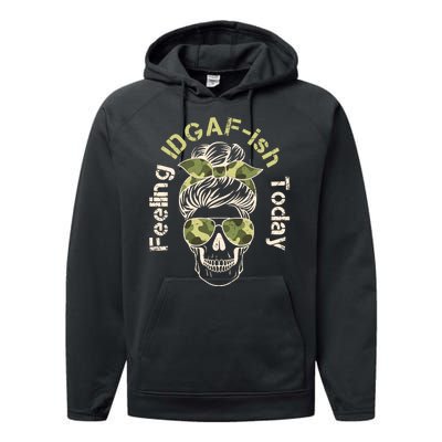 Feeling IDGAF-ish Today Army Print Hair Bun Skull Performance Fleece Hoodie