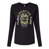 Feeling IDGAF-ish Today Army Print Hair Bun Skull Womens Cotton Relaxed Long Sleeve T-Shirt