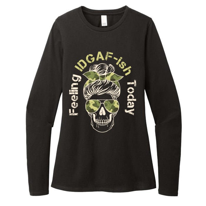 Feeling IDGAF-ish Today Army Print Hair Bun Skull Womens CVC Long Sleeve Shirt