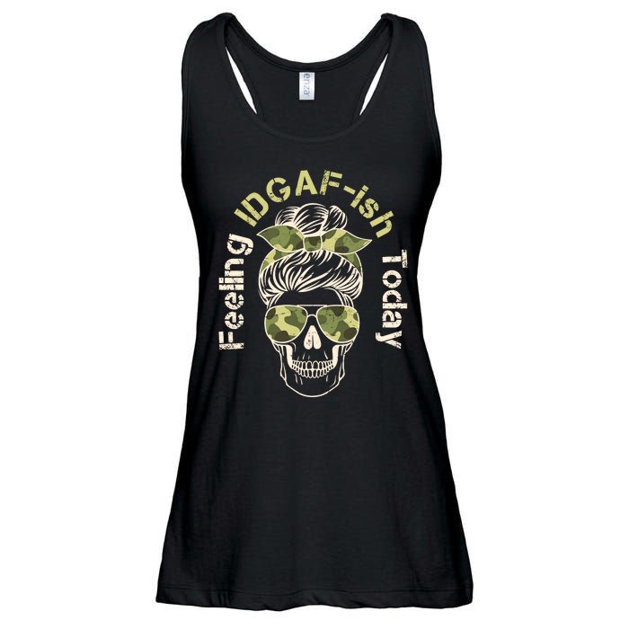 Feeling IDGAF-ish Today Army Print Hair Bun Skull Ladies Essential Flowy Tank