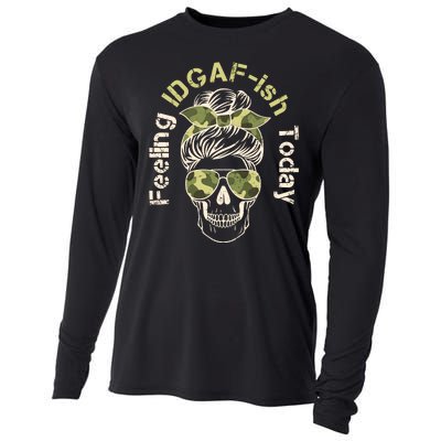 Feeling IDGAF-ish Today Army Print Hair Bun Skull Cooling Performance Long Sleeve Crew