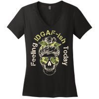 Feeling IDGAF-ish Today Army Print Hair Bun Skull Women's V-Neck T-Shirt