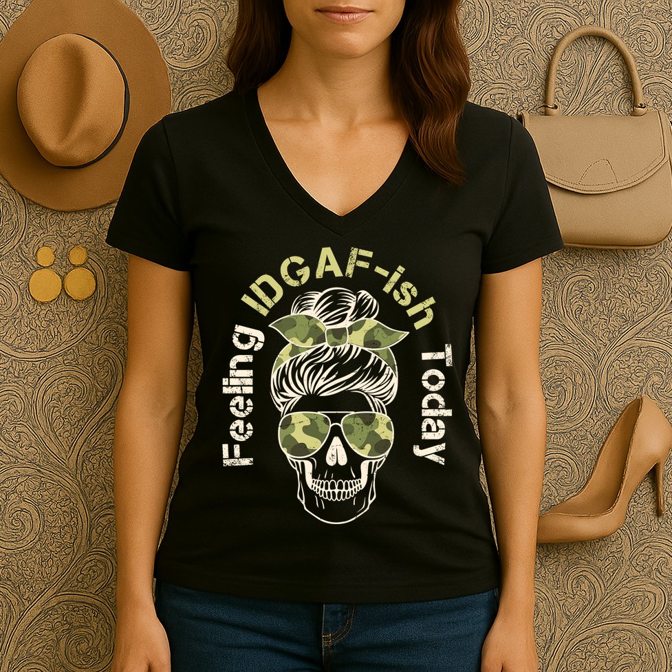 Feeling IDGAF-ish Today Army Print Hair Bun Skull Women's V-Neck T-Shirt