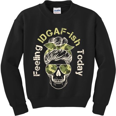 Feeling IDGAF-ish Today Army Print Hair Bun Skull Kids Sweatshirt