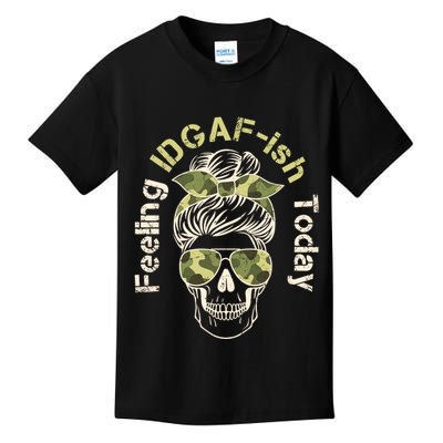Feeling IDGAF-ish Today Army Print Hair Bun Skull Kids T-Shirt