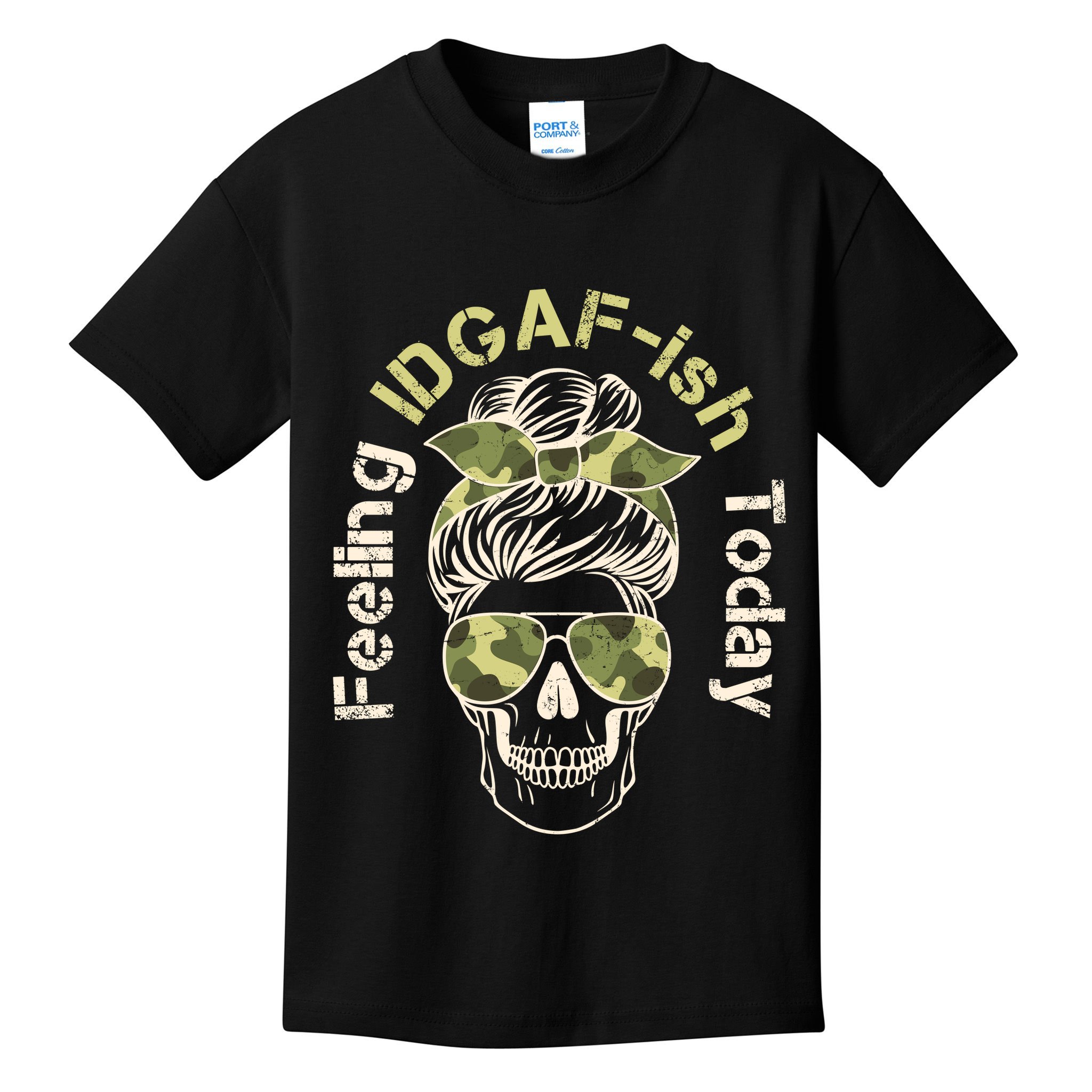 Feeling IDGAF-ish Today Army Print Hair Bun Skull Kids T-Shirt