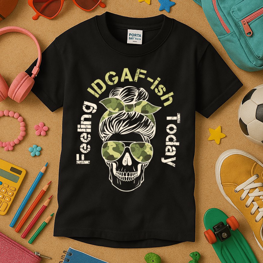 Feeling IDGAF-ish Today Army Print Hair Bun Skull Kids T-Shirt