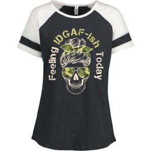 Feeling IDGAF-ish Today Army Print Hair Bun Skull Enza Ladies Jersey Colorblock Tee