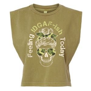 Feeling IDGAF-ish Today Army Print Hair Bun Skull Garment-Dyed Women's Muscle Tee