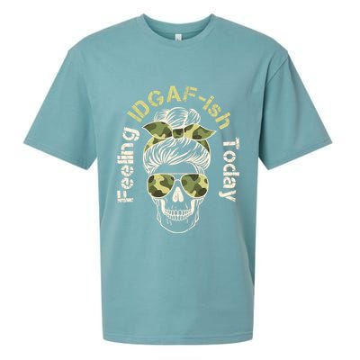 Feeling IDGAF-ish Today Army Print Hair Bun Skull Sueded Cloud Jersey T-Shirt