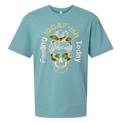 Feeling IDGAF-ish Today Army Print Hair Bun Skull Sueded Cloud Jersey T-Shirt