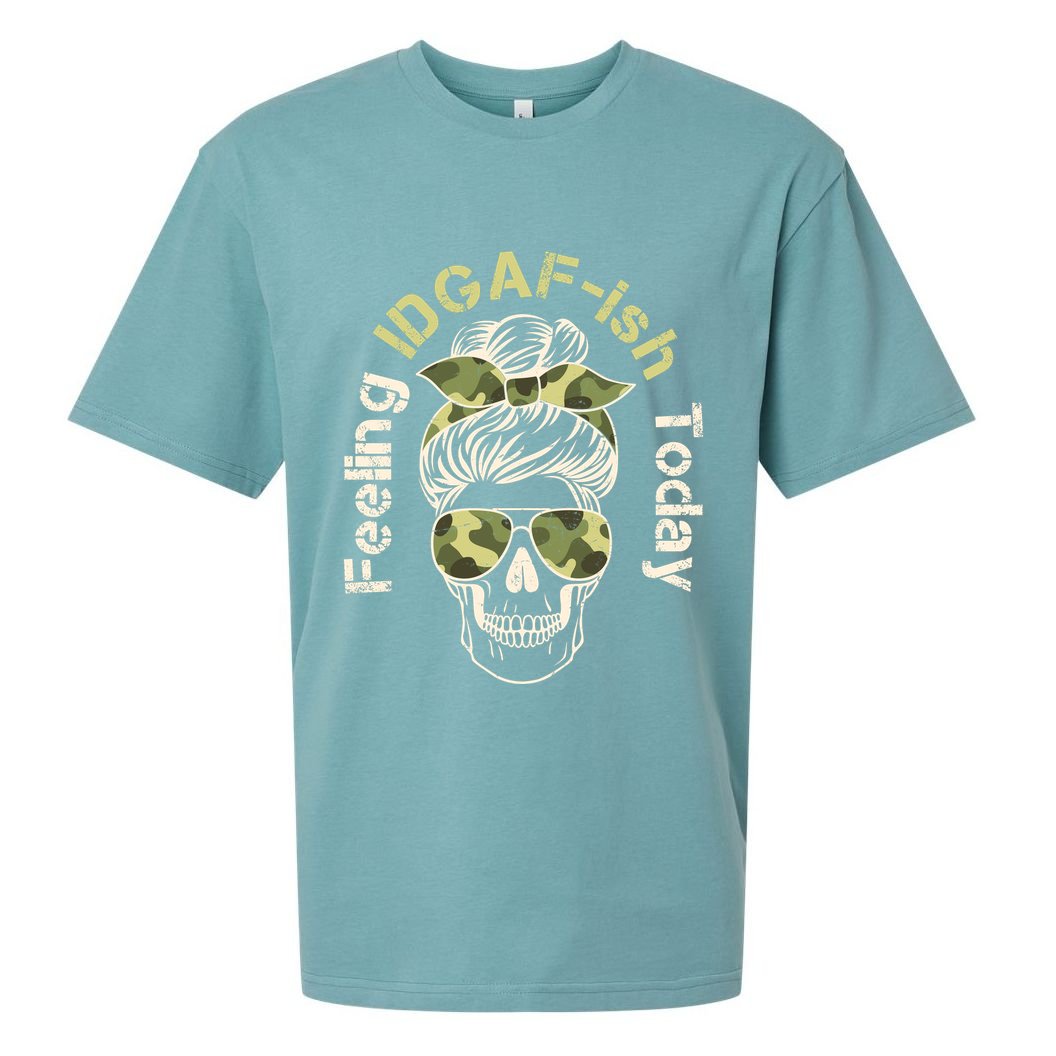 Feeling IDGAF-ish Today Army Print Hair Bun Skull Sueded Cloud Jersey T-Shirt