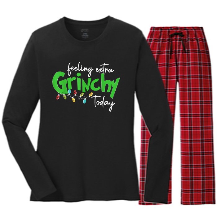 Feeling Extra Grinchy Today Christmas Lights Xmas Clothing Women's Long Sleeve Flannel Pajama Set 