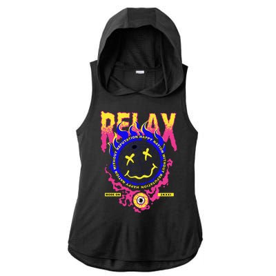 Flaming Emoji Globe Eyeball Smoke Ladies PosiCharge Tri-Blend Wicking Draft Hoodie Tank