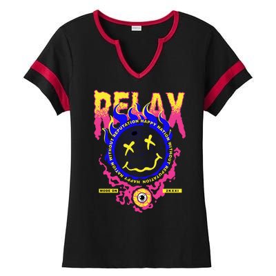 Flaming Emoji Globe Eyeball Smoke Ladies Halftime Notch Neck Tee