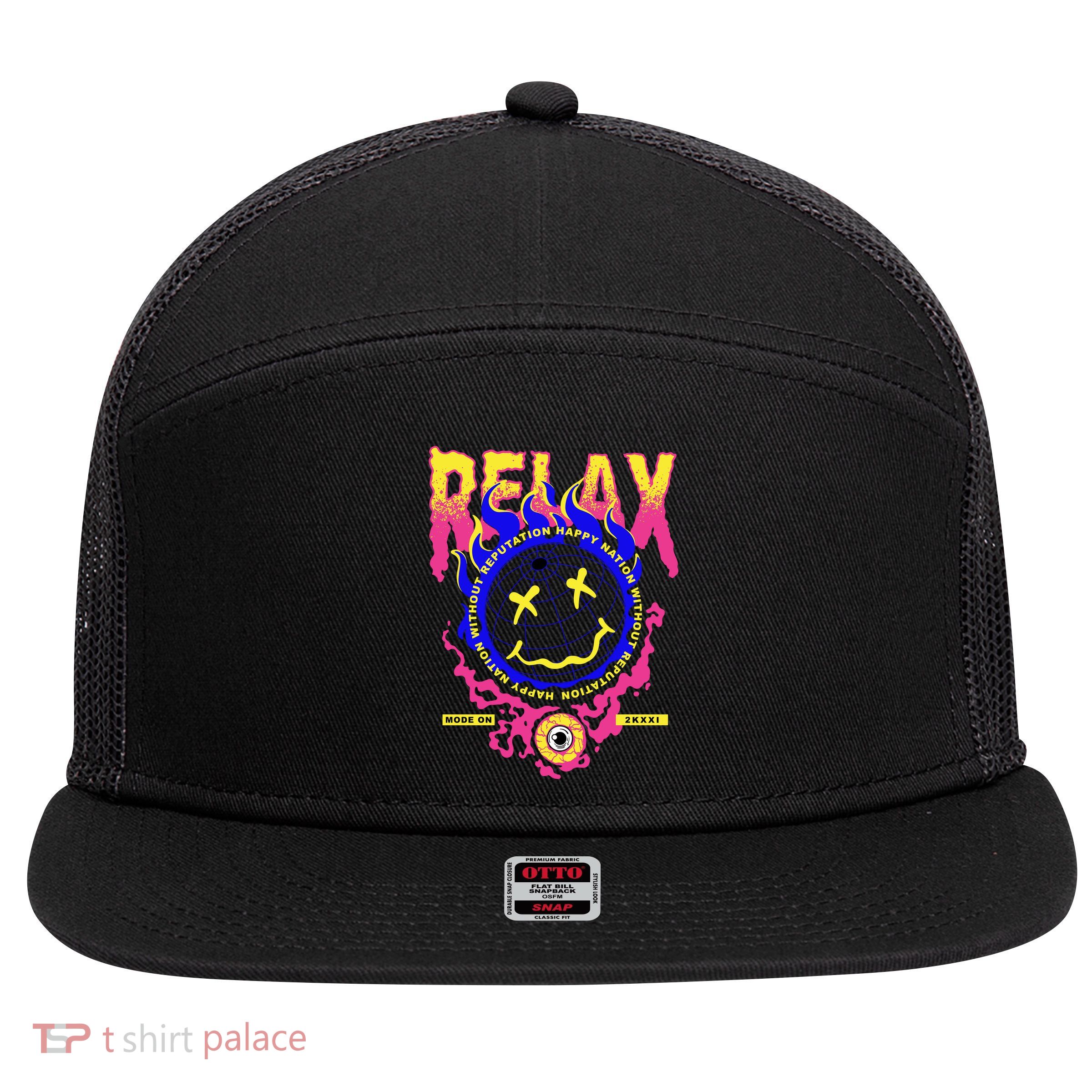 Flaming Emoji Globe Eyeball Smoke 7 Panel Mesh Trucker Snapback Hat