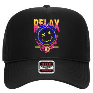 Flaming Emoji Globe Eyeball Smoke High Crown Mesh Back Trucker Hat