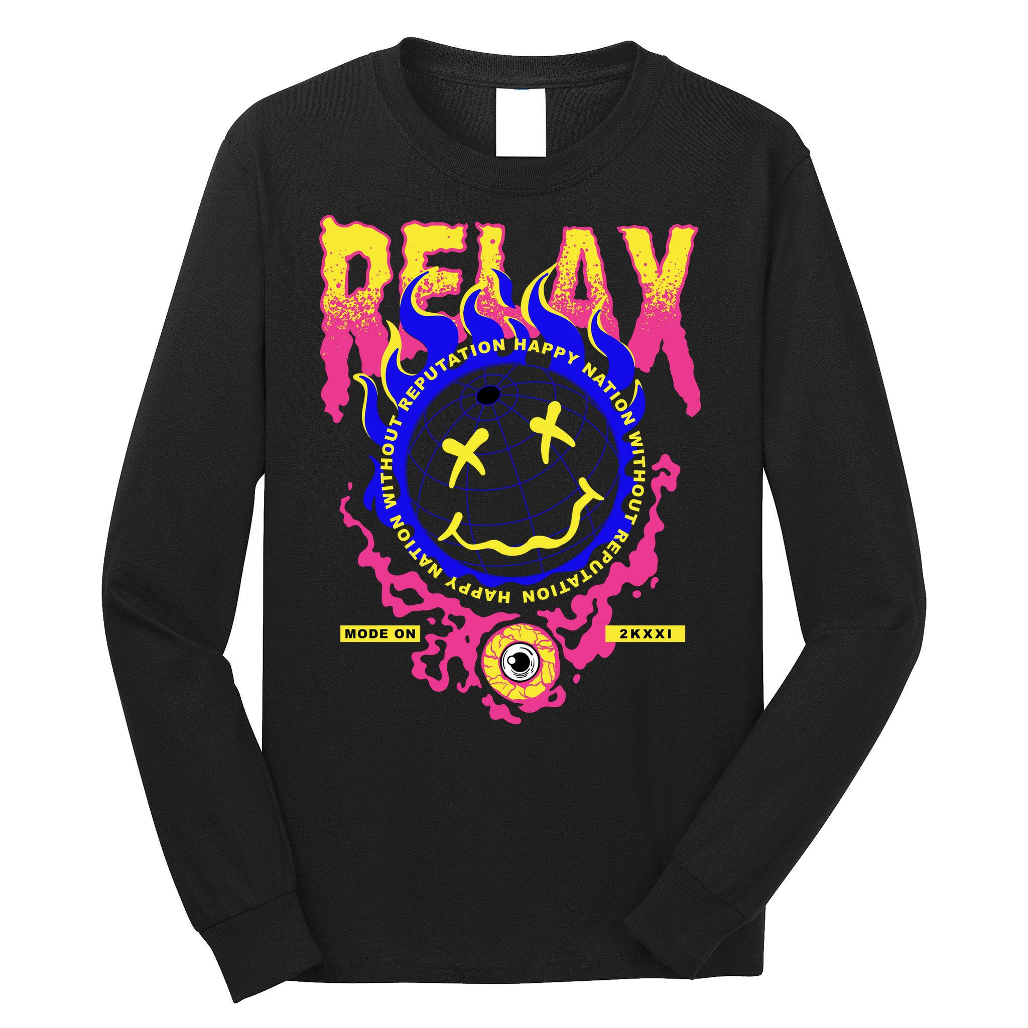 Flaming Emoji Globe Eyeball Smoke Long Sleeve Shirt