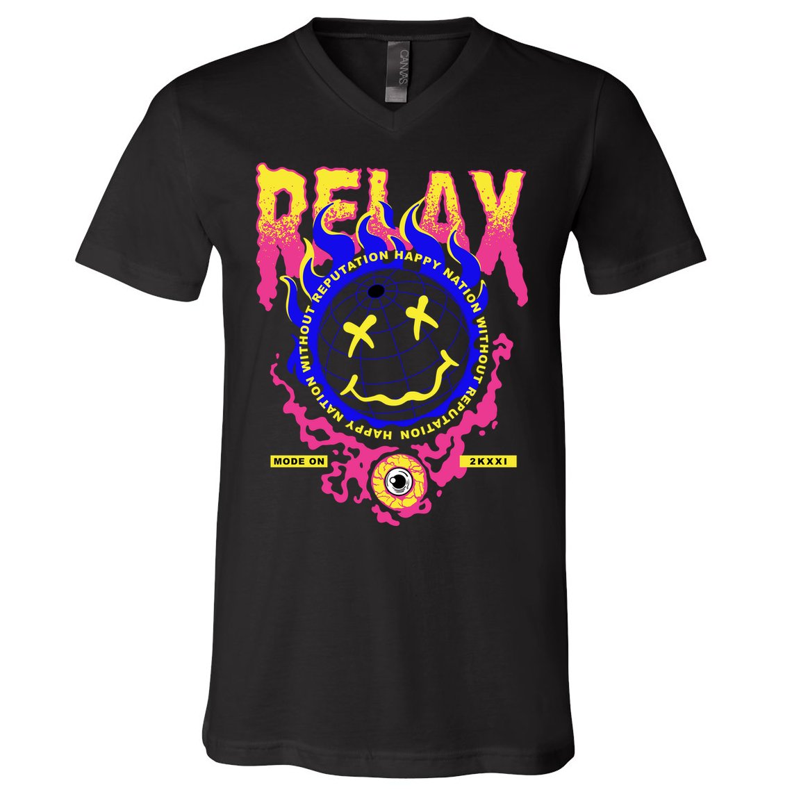 Flaming Emoji Globe Eyeball Smoke V-Neck T-Shirt