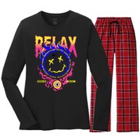 Flaming Emoji Globe Eyeball Smoke Women's Long Sleeve Flannel Pajama Set 