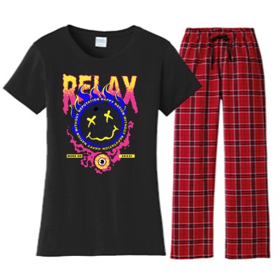 Flaming Emoji Globe Eyeball Smoke Women's Flannel Pajama Set