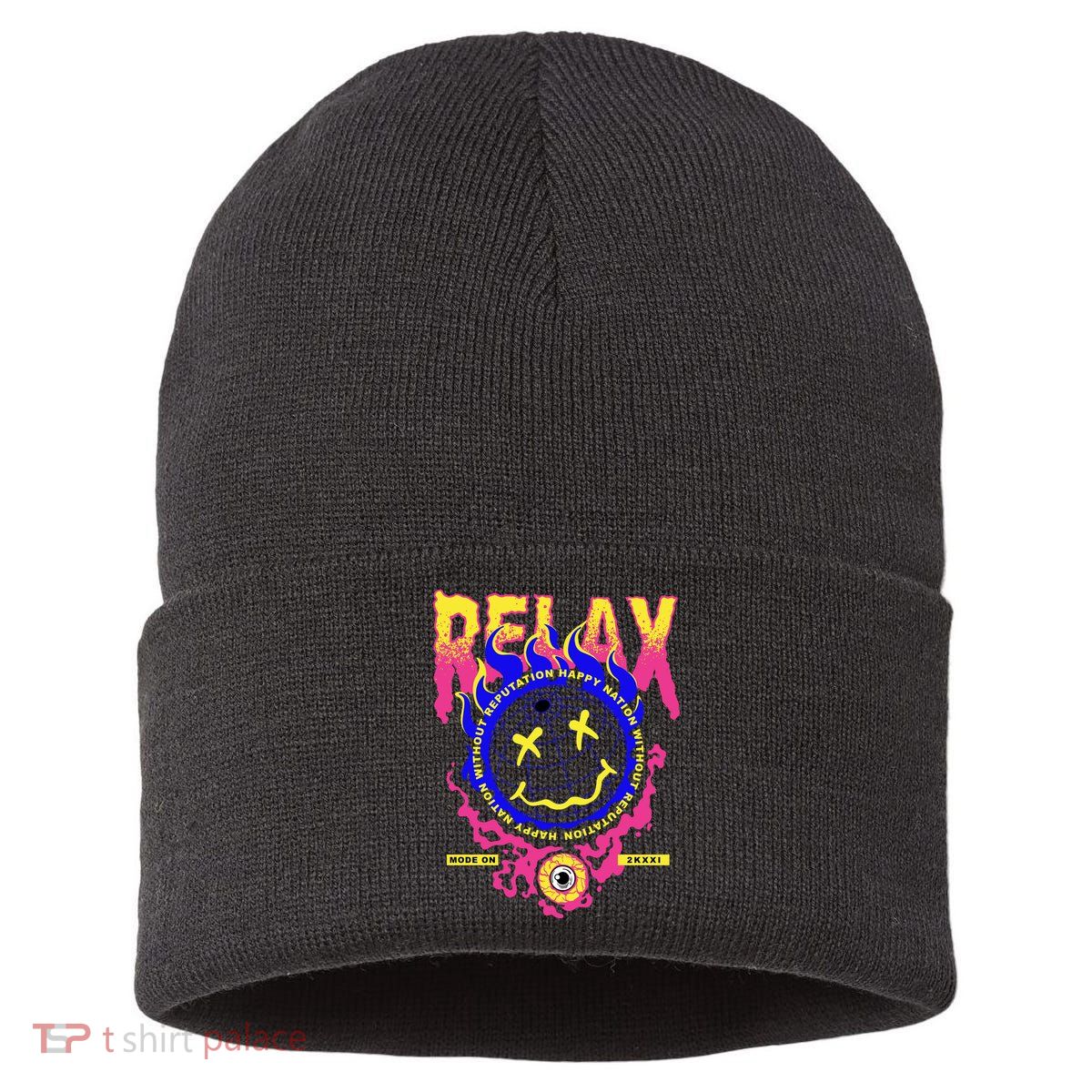 Flaming Emoji Globe Eyeball Smoke Sustainable Knit Beanie