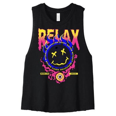 Flaming Emoji Globe Eyeball Smoke Women's Racerback Cropped Tank