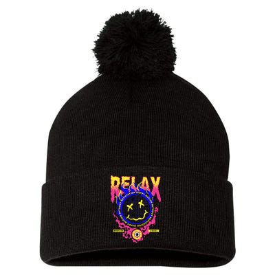 Flaming Emoji Globe Eyeball Smoke Pom Pom 12in Knit Beanie
