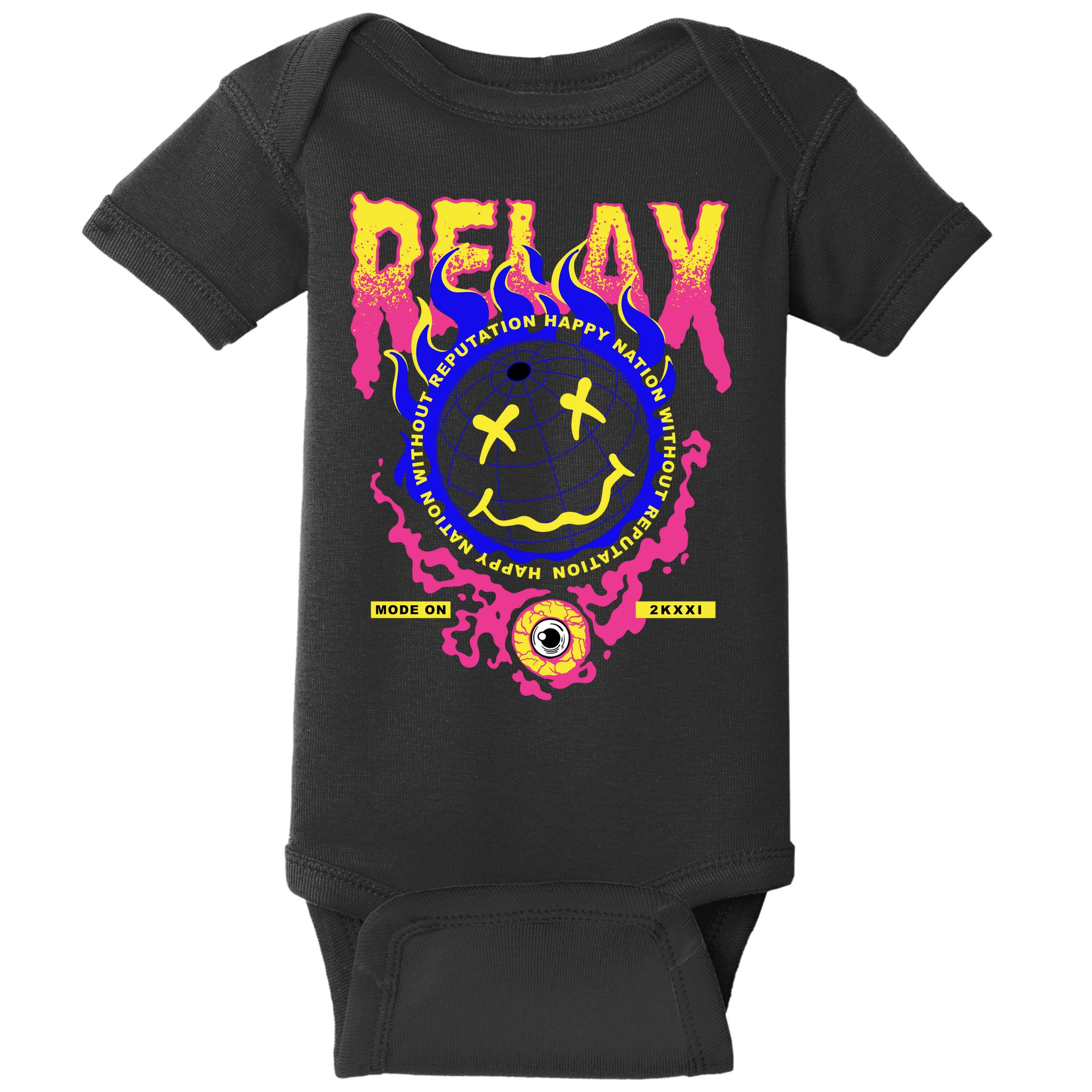 Flaming Emoji Globe Eyeball Smoke Baby Bodysuit