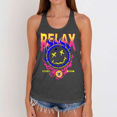 Flaming Emoji Globe Eyeball Smoke Women's Knotted Racerback Tank